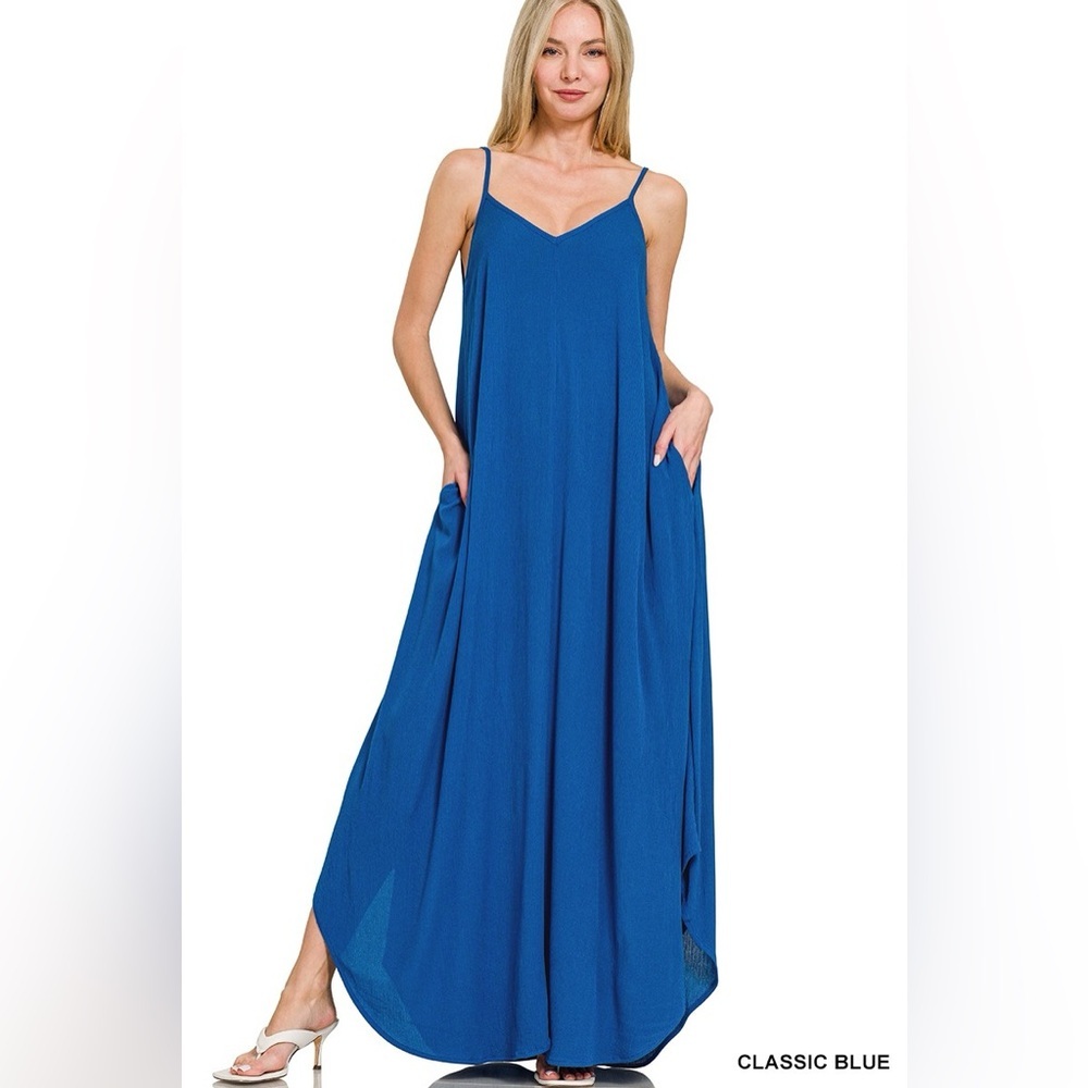 Zenana Woven Crinkle Cami Maxi Dress with Side Pockets